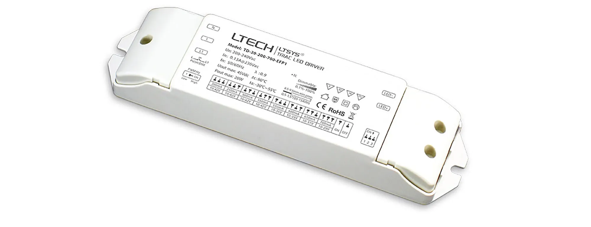 TD-35-550-900-EFP1  Triac/ELV, Push Dim, PWM, 5.5W-35W, CC Dimmable Driver, 550-900mA, DC:10-42V, EFF>80%, 3yrs Warranty